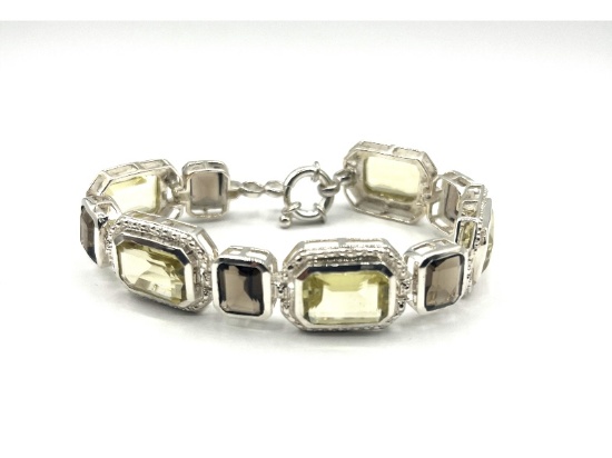 Sterling Silver Natural Lemon Quartz with Smoky Quartz Bracelet