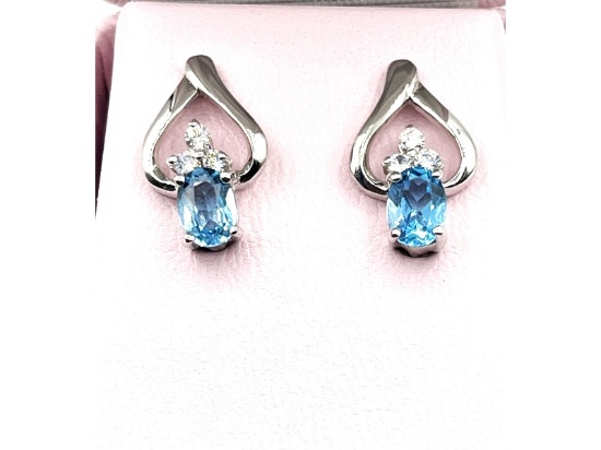 Sterling Silver Natural Blue Topaz with CZ Earrings