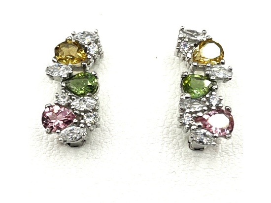 Sterling Silver Natural Pink, Green and Yellow Tourmaline with CZ Earrings