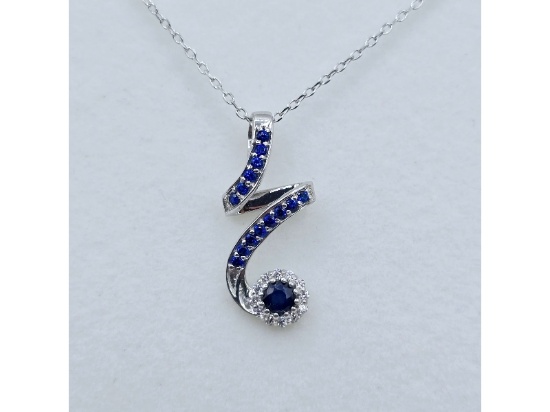 Sterling Silver Natural Blue Sapphire and CZ Pendant with Sterling Silver Chain