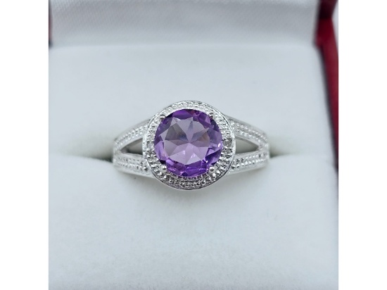 Sterling Silver Natural Amethyst and Natural Diamond Ring
