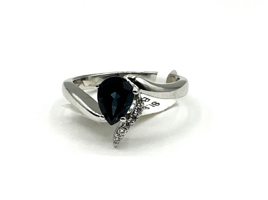 Sterling Silver Natural Blue Sapphire with CZ Ring
