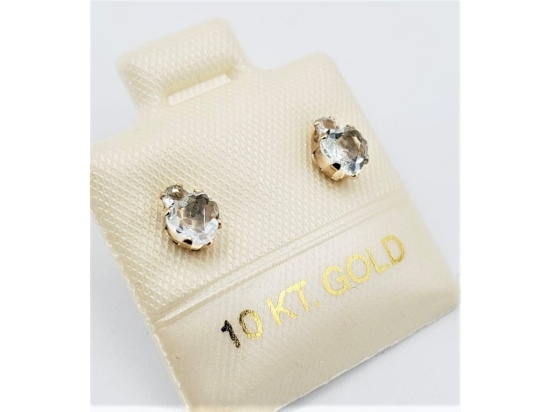 Yellow Gold Natural Aquamarine with CZ Earrings