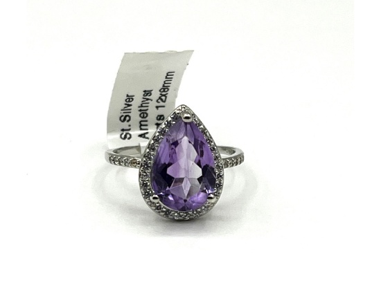 Sterling Silver Natural Amethyst with CZ Ring