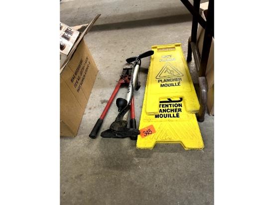 Bolt Cutters, Bike Pump, Wet Floor Signs