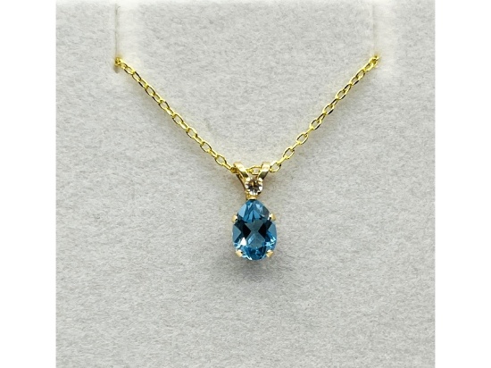 10KT Yellow Gold Natural Blue Topaz Pendant with Gold Plated Sterling Silver Chain