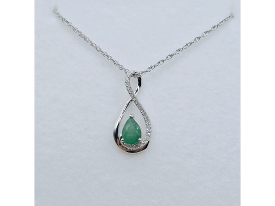 Sterling Silver Natural Emerald with Diamond Pendant with Sterling Silver Chain