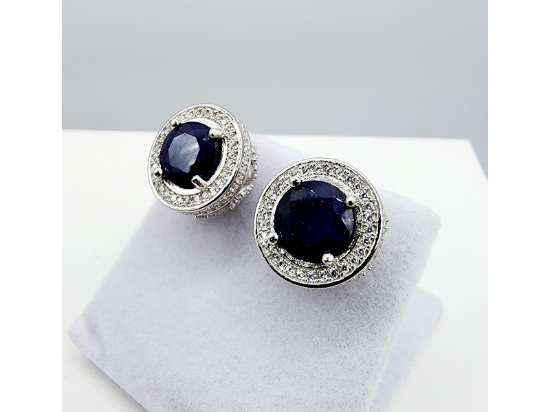 Sterling Silver Natural Blue Sapphire with CZ Earrings