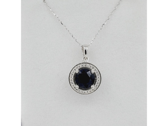 Sterling Silver Natural Blue Sapphire with CZ Pendant with Sterling Silver Chain
