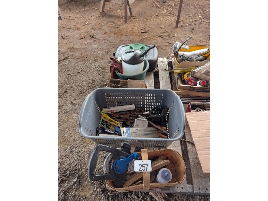 Row of Tools Including Knives, Drill Bits, Oil Catch, Etc.