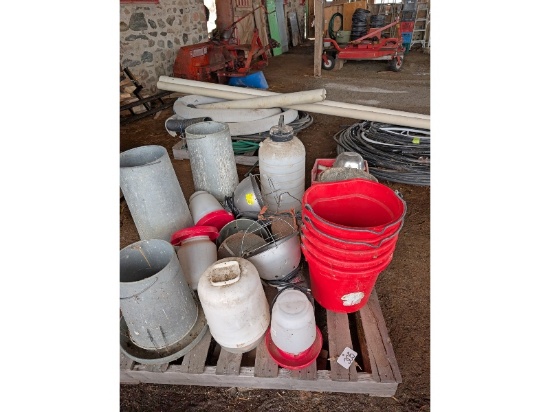 Skid of Pails, Chicken Waterers & Feeders