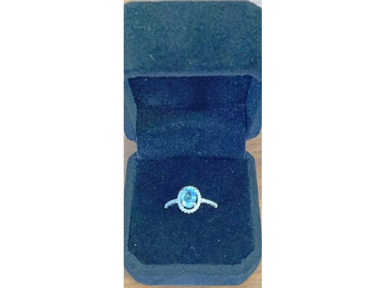 New Sterling Silver 1.0ct Oval Cut Natural Swiss Blue Topaz Halo Ring