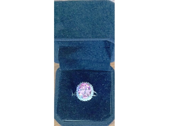 New Platinum Plated 6.0ct Pink Simulated Diamond Halo Ring - Size 6.0