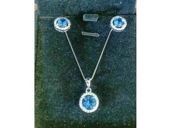 New Sterling Silver 1.0ct Lab-Created Aquamarine Halo 2 Piece Set