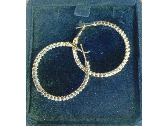 New 18K Gold Plated 32.0mm Simulated Diamond Hoop Earrings