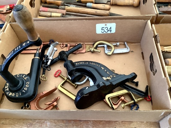 Box of Antique C Clamps & Buffalo Dental Mfg. Stamp