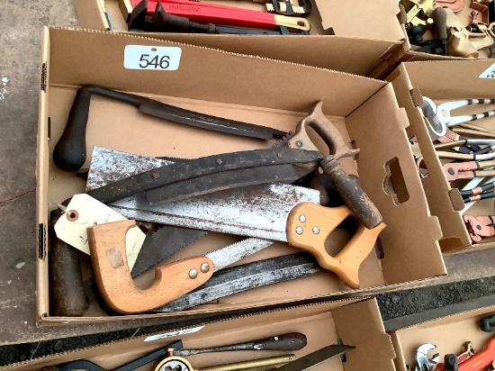 Box of Saws & Draw Knives