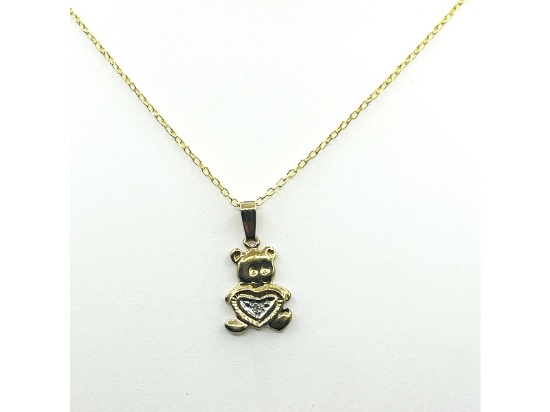 10KT Yellow and White Gold Natural Diamond (0.10ct) Teddy Bear Holding Heart Pendant
