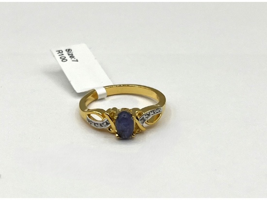 Gold Plated Sterling Silver Natural Tanzanite (0.55ct) with Natural White Sapphire Ring