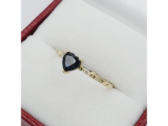 10KT Yellow Gold Natural Sapphire with Diamond (0.02ct) Heart Ring, Size 6