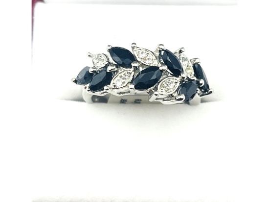 Sterling Silver Natural Blue Sapphire (1.40ct) with Natural White Sapphire (0.20ct) Ring, Size 7