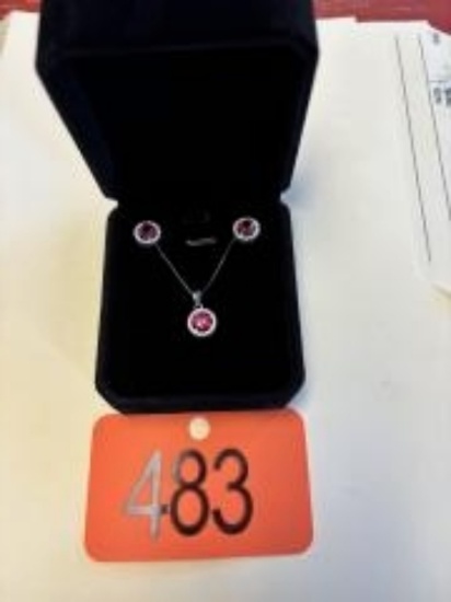 New Sterling Silver 1.0ct Lab-Created Ruby Halo 2 Piece Set Stud Earrings