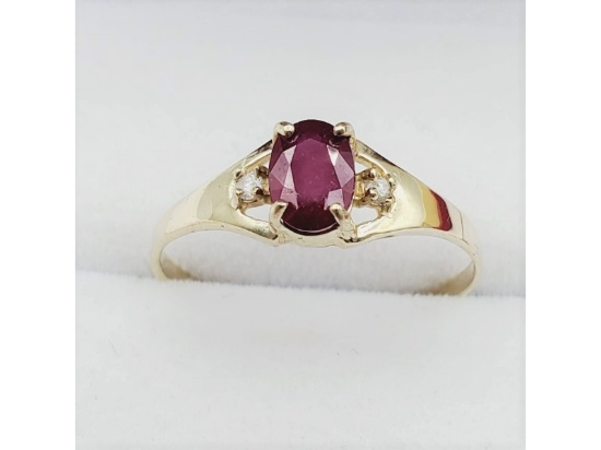 10KT Yellow Gold Natural Enhanced Ruby with Diamond Ring, Size 6