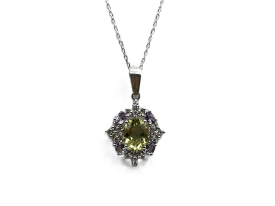 Sterling Silver Natural Lemon Quartz and Natural Amethyst with Sterling Silver Chain