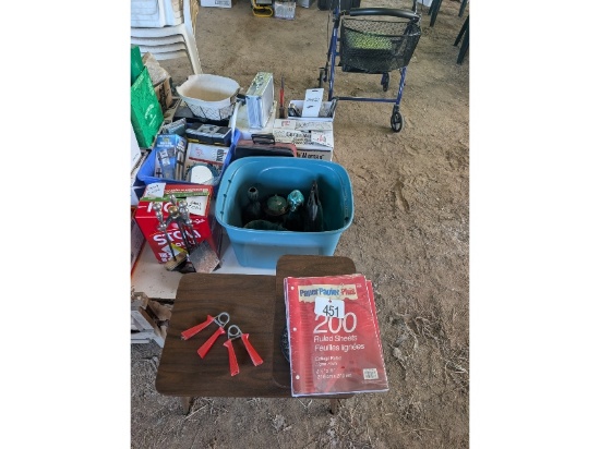 Lot of Assorted Household Items Including Vintage Table, Blue Mountain Pottery, Etc.