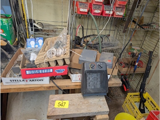 Shelves, Wire Racks & Pegboard In Corner Plus Heater, Clamps, Bolt Bins, Etc.
