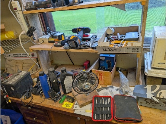 Contents of Shelf - Including Drills, Oils, Battery, Microwave, Etc.
