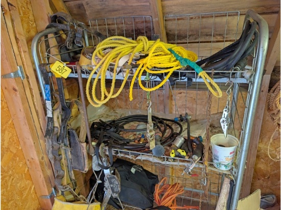 Wire Shelf & Contents - Including Spurs, Come A Long, Rope, Etc.