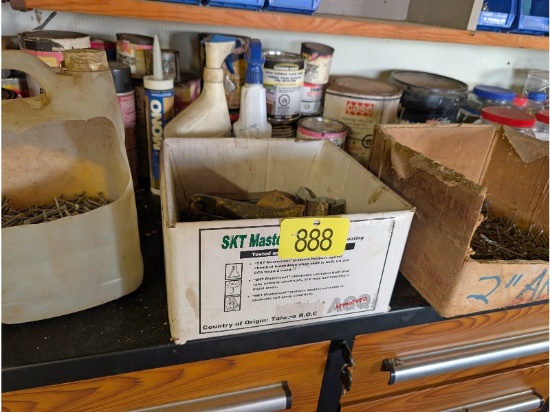 Contents of Bench Top Including Nails, Screws, Paint, Etc.
