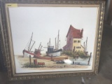 FRAMED ACRYLIC ON CANVAS - FISHING BOATS ON BEACH BY HOUSE - SIGNED FLISHER - OVERALL 28'' HIGH x 33