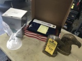 LOT ASSORTED PIECES - 1- AMERICAN FLAG 5'x8' (NEW IN BOX) / 2- BRASS EAGLE BOOKENDS / 1- CRYSTAL AME