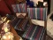 DARK WOOD DINING CHAIRS WITH STRIPED SILK UPHOLSTERY - 1 ARM CHAIR / 5 SIDE CHAIRS