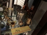 ASSORTED FIGURINES - GOLD COLOR PAIL / PITCHER / DOG / SILVER (900) SHOT GLASS / GLASS JAR / TEA KET