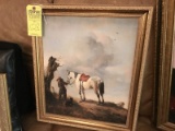 GOLD TONE FRAMED PAINT ON BOARD - BOY WITH HORSE - 22'' x 19''
