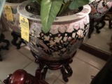 RAISED BLACK & PINK FLORAL PATTER PORCELAIN PLANTER WITH ARTIFICIAL PLANT