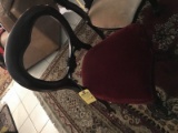 ARMLESS WOOD CHAIR WITH RED VELVET CUSHION