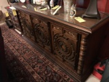 WOOD SERVER WITH CARVED WOOD DOORS & GLASS TOP - 63'' x 18'' x 30''