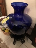 COBALT BLUE GLASS VASE WITH STAND - 22'' TALL