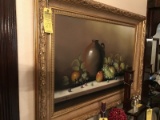 GOLD TONE FRAMED OIL ON CANVAS - FRUIT ON TABLE - SIGNED VARGAS - 32'' x 42''
