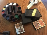 ASSORTED PLAYING CARD SETS IN CASE WITH POKER CHIP HOLDER