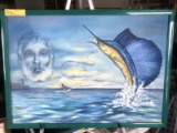 FRAMED OIL ON CANVAS - HEMINGWAY & SAILFISH - SIGNED MORALES (ON FRONT) - SIGNED & DATED MORALES 5/2