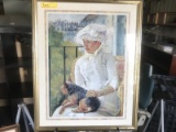 FRAMED PRINT - SEATED WOMAN HOLDING DOG - 30'' x 24''