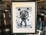 FRAMED PHOTOGRAPH - TWO WOMEN WITH PARASOL ON BEACH - 26'' x 20''