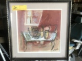 FRAMED WATERCOLOR - TABLE WITH BOWLS & VASES - SIGNED ART SMITH - 14'' x 14''