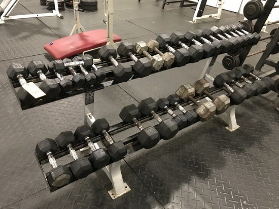 RACK - 795LBS ASSORTED DUMBBELLS - 17 PAIRS WITH EXTRA 5LB WEIGHT