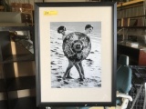 ARTWORK / PHOTOGRAPH - TWO WOMEN WITH PARASOL ON BEACH - FRAMED - 26'' x 20''